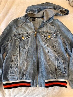 Pepe Jeans Light Blue Hooded Denim Jacket with Striped Hem